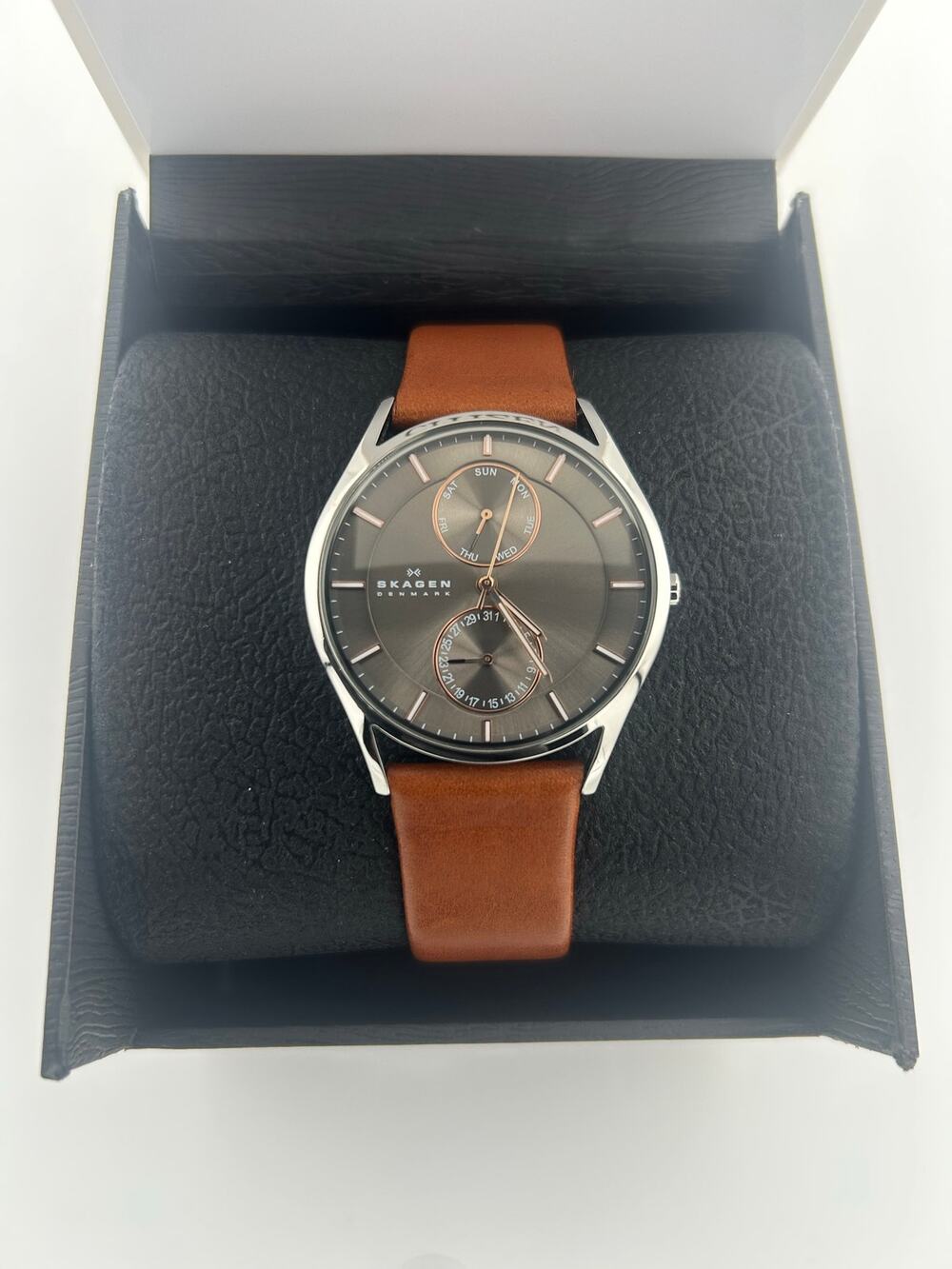 Skagen Holst SKW6086 Mens 40mm Gray Multifunction Brown Leather Watch EXCELLENT